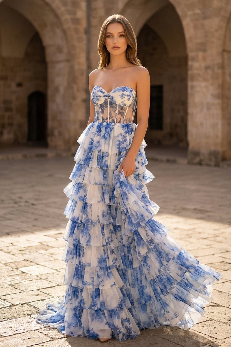 Blue Floral Printed Sweetheart Chiffon Tiered A-Line Long Corset Prom Dress - Curvevia