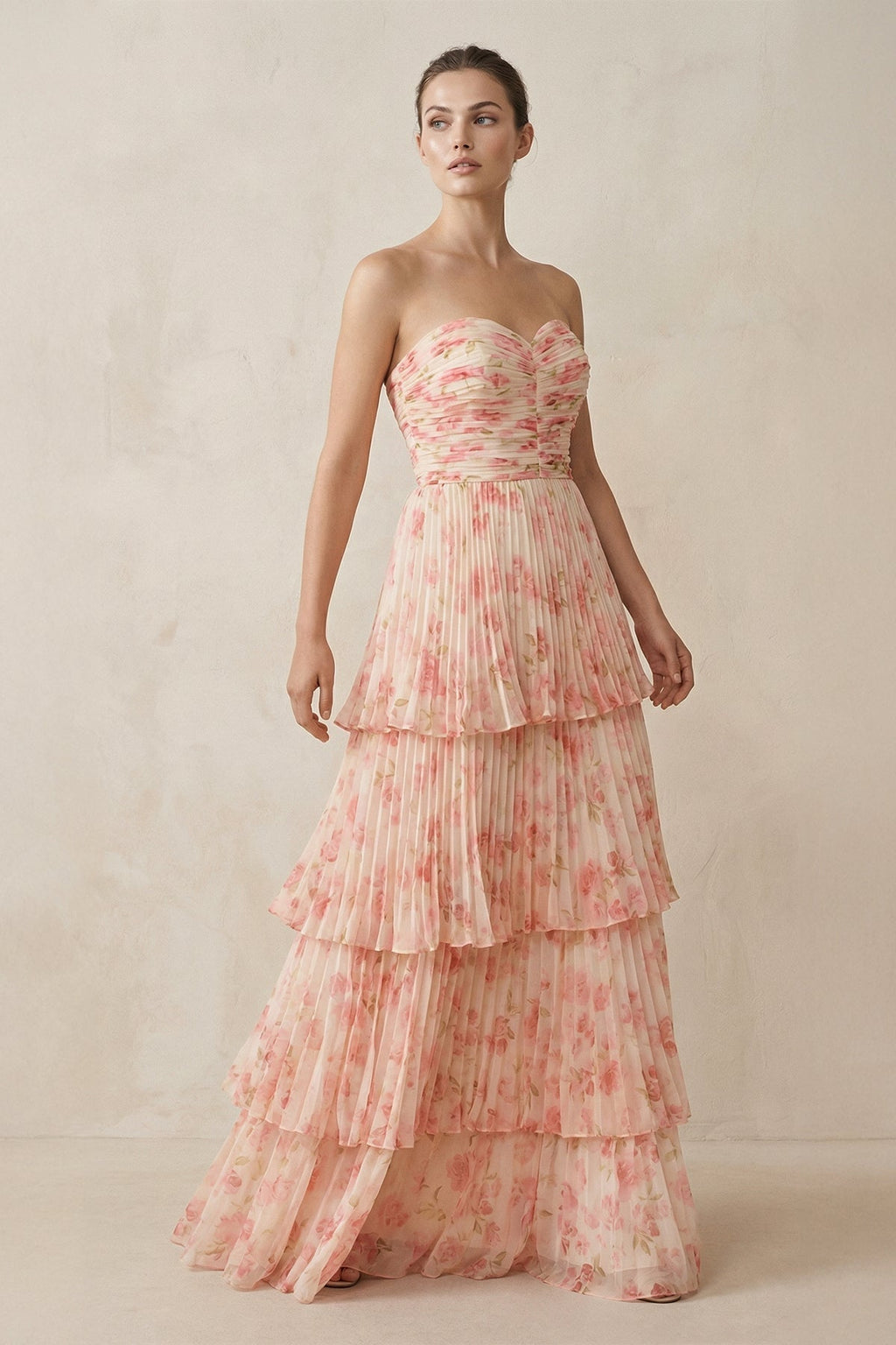 Tiered A-Line Pleated Chiffon Maxi Bridesmaid Dress in Pink Fern Floral - Curvevia