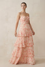 Tiered A-Line Pleated Chiffon Maxi Bridesmaid Dress in Pink Fern Floral - Curvevia