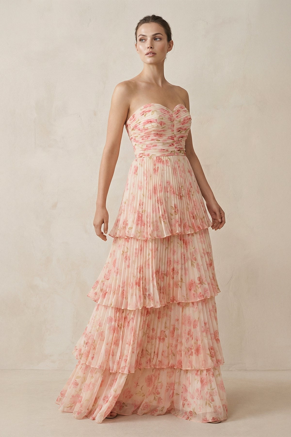 Tiered A-Line Pleated Chiffon Maxi Bridesmaid Dress in Pink Fern Floral - Curvevia