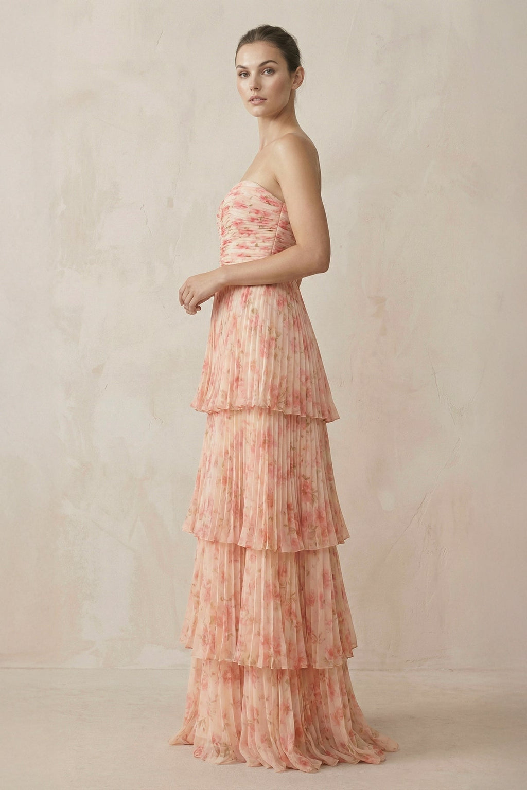 Tiered A-Line Pleated Chiffon Maxi Bridesmaid Dress in Pink Fern Floral - Curvevia