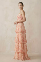 Tiered A-Line Pleated Chiffon Maxi Bridesmaid Dress in Pink Fern Floral - Curvevia