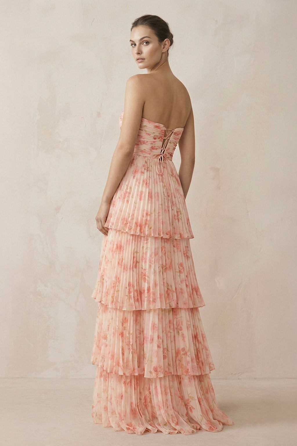 Tiered A-Line Pleated Chiffon Maxi Bridesmaid Dress in Pink Fern Floral - Curvevia