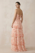 Tiered A-Line Pleated Chiffon Maxi Bridesmaid Dress in Pink Fern Floral - Curvevia