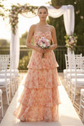 Tiered A-Line Pleated Chiffon Maxi Bridesmaid Dress in Pink Fern Floral - Curvevia