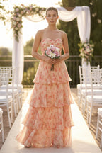 Tiered A-Line Pleated Chiffon Maxi Bridesmaid Dress in Pink Fern Floral - Curvevia