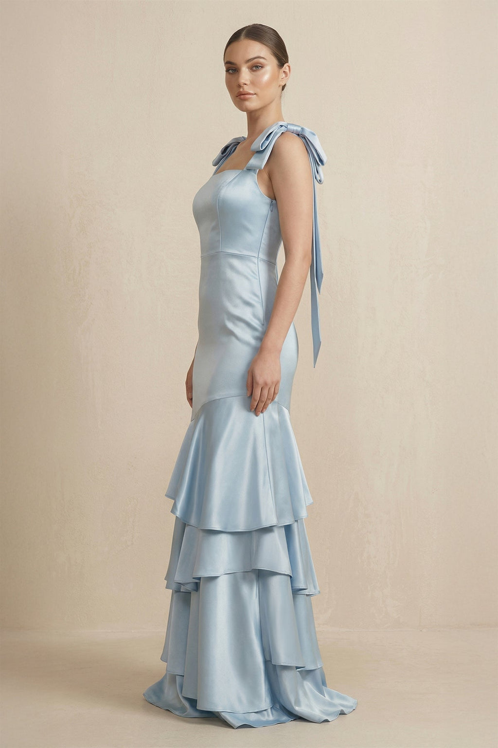 Tiered Maxi Satin Bridesmaid Dress with Bow Straps in Ice - Curvevia