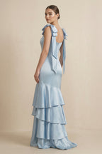 Tiered Maxi Satin Bridesmaid Dress with Bow Straps in Ice - Curvevia