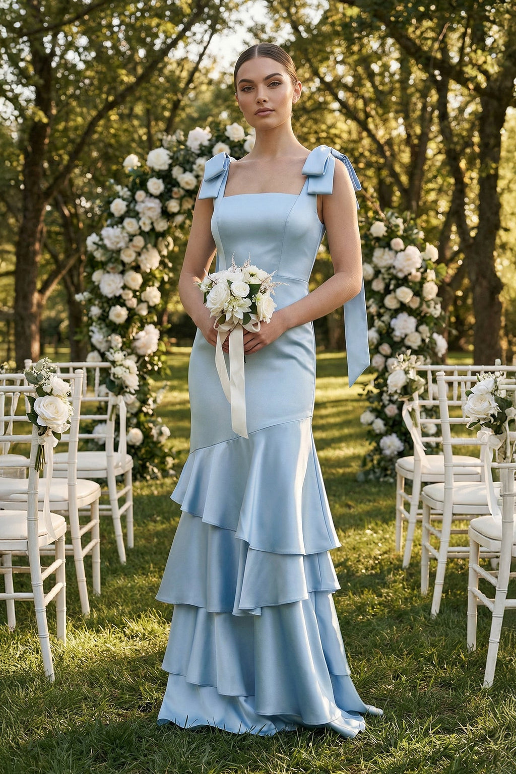 Tiered Maxi Satin Bridesmaid Dress with Bow Straps in Ice - Curvevia