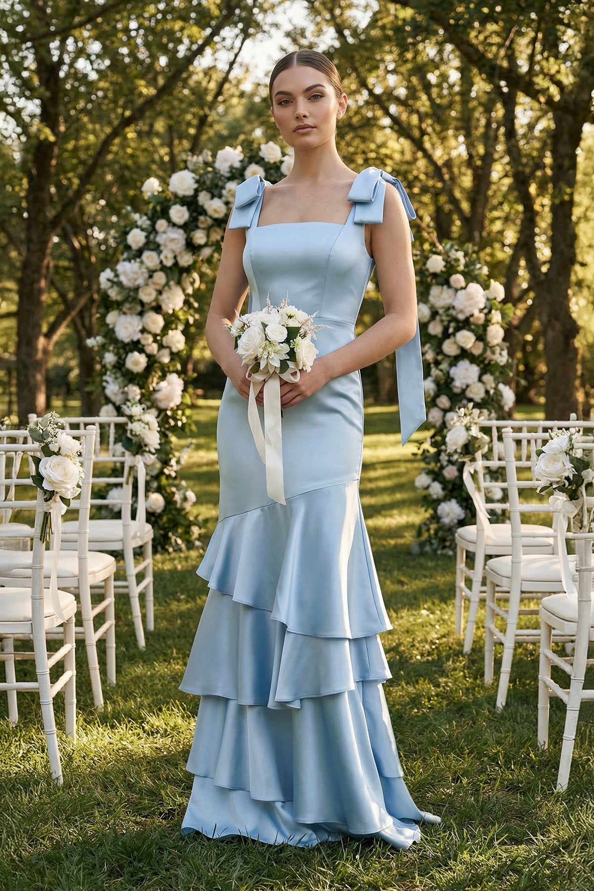 Tiered Maxi Satin Bridesmaid Dress with Bow Straps in Ice - Curvevia