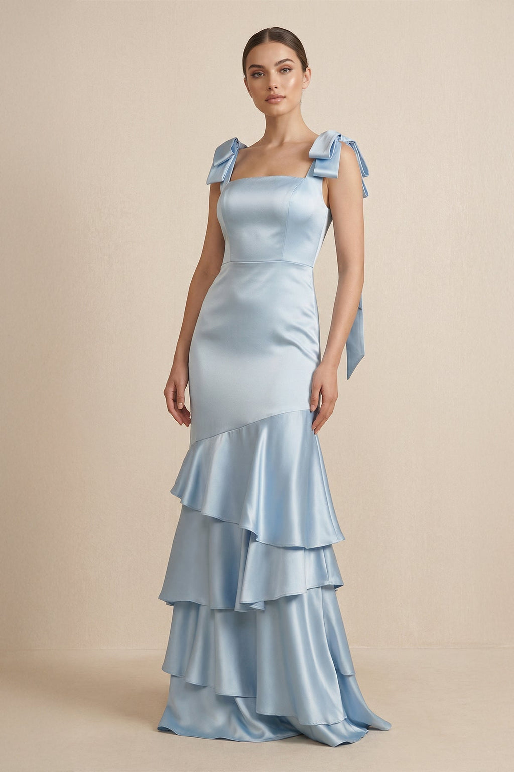 Tiered Maxi Satin Bridesmaid Dress with Bow Straps in Ice - Curvevia