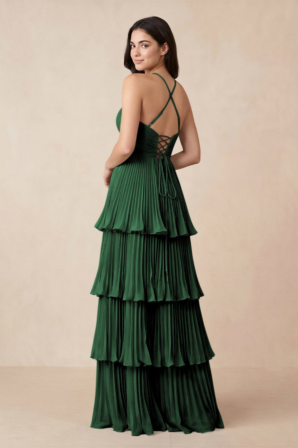 Tiered Pleated V-Neck A-Line Chiffon Mother of the Bride Dress in Dark Green - Curvevia
