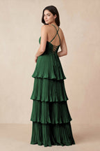 Tiered Pleated V-Neck A-Line Chiffon Mother of the Bride Dress in Dark Green - Curvevia