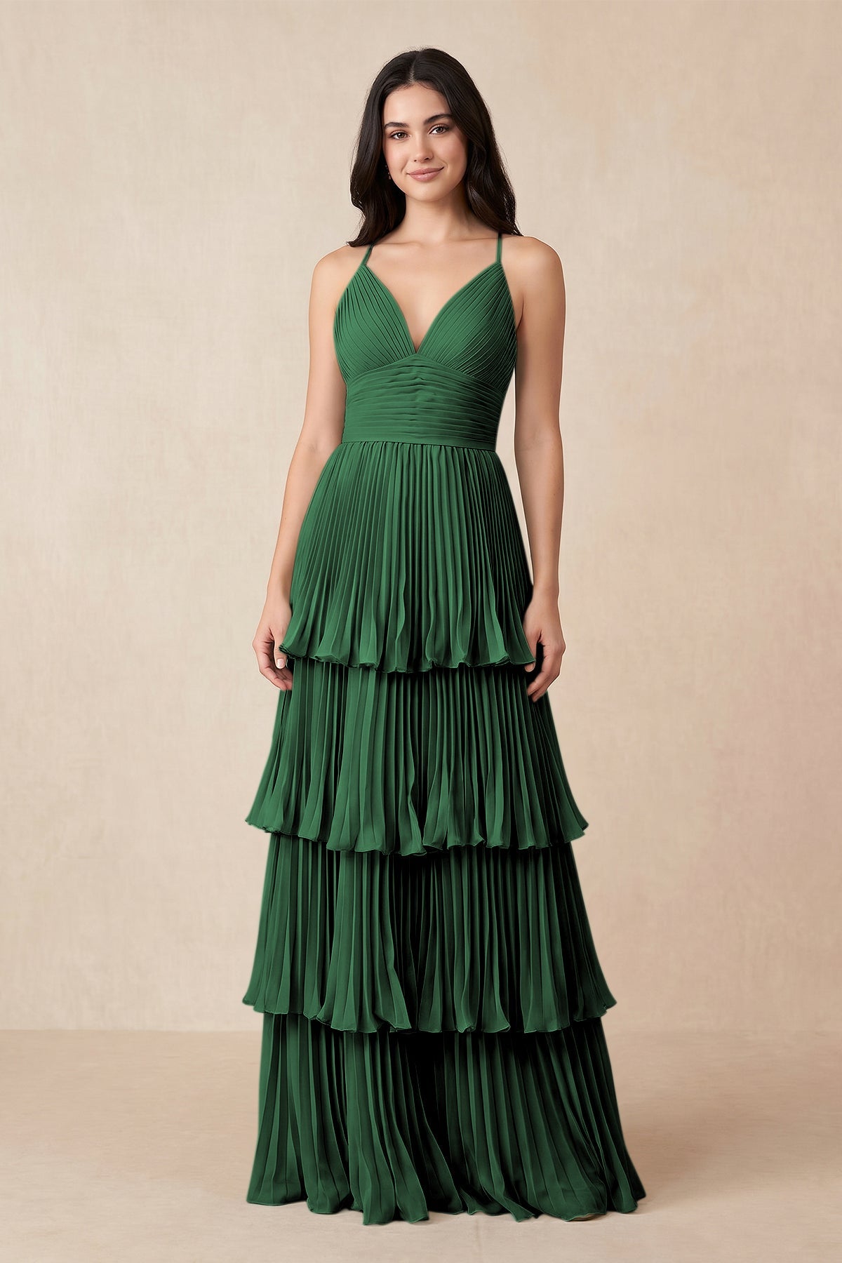 Tiered Pleated V-Neck A-Line Chiffon Mother of the Bride Dress in Dark Green - Curvevia