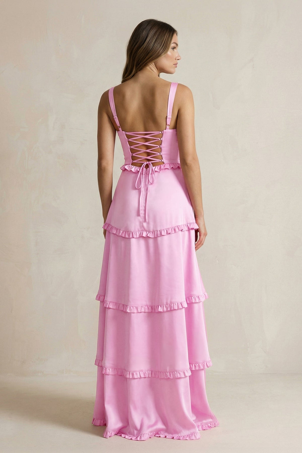Tiered Ruffled A-Line Bridesmaid Dress With Slit in Pink - Curvevia