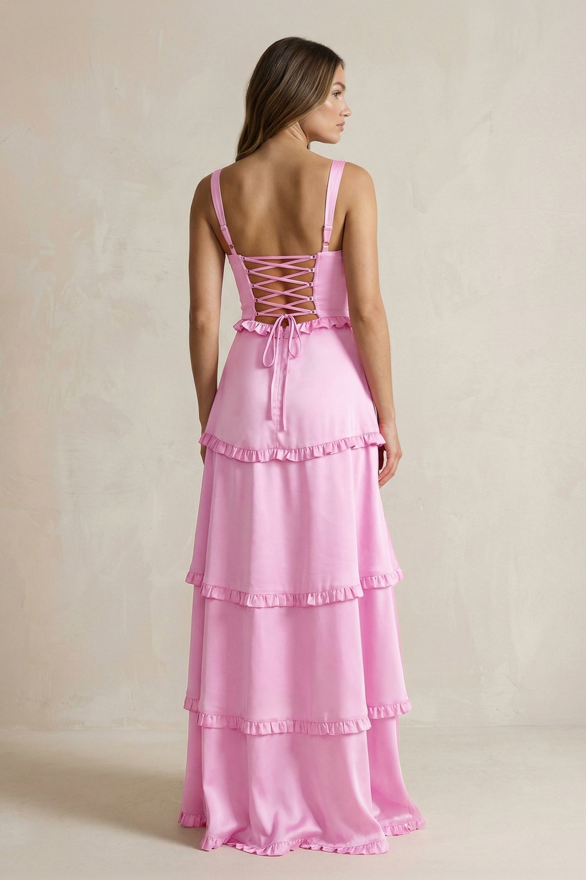 Tiered Ruffled A-Line Bridesmaid Dress With Slit in Pink - Curvevia