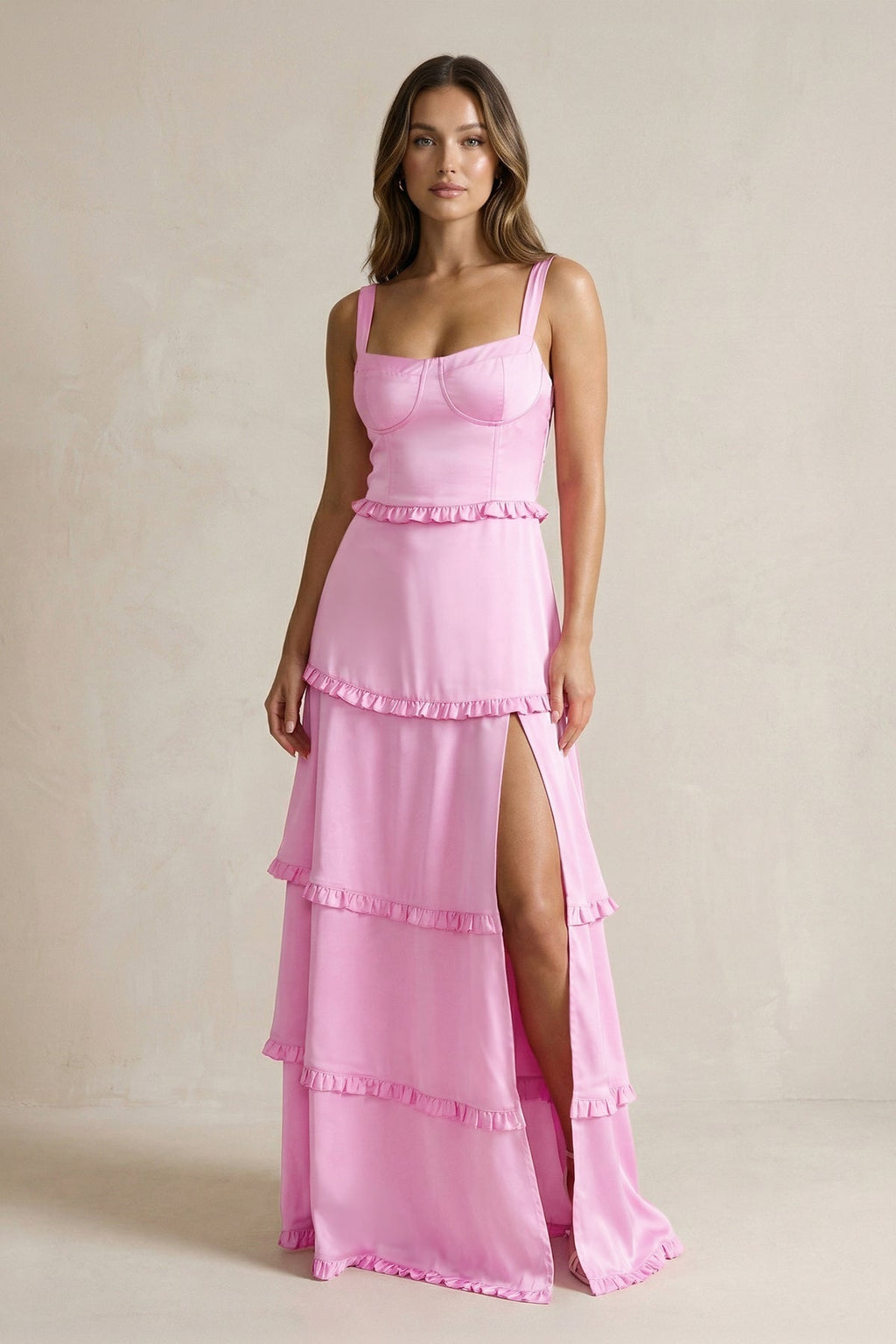 Tiered Ruffled A-Line Bridesmaid Dress With Slit in Pink - Curvevia