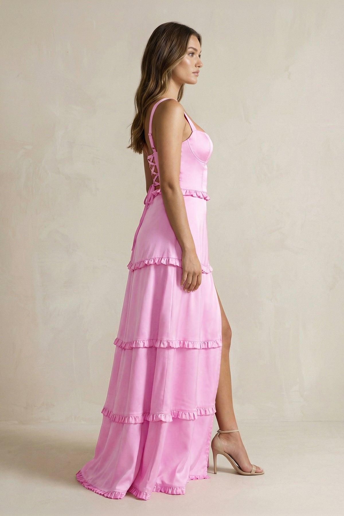 Tiered Ruffled A-Line Bridesmaid Dress With Slit in Pink - Curvevia