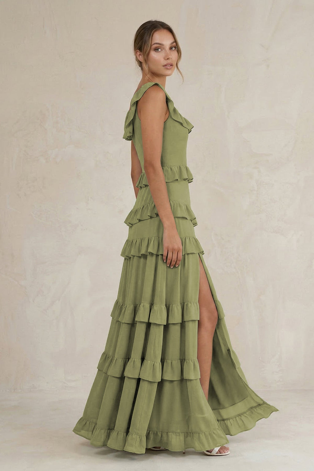 Tiered Square Neck Ruffled A-Line Bridesmaid Dress in Moss Green - Curvevia