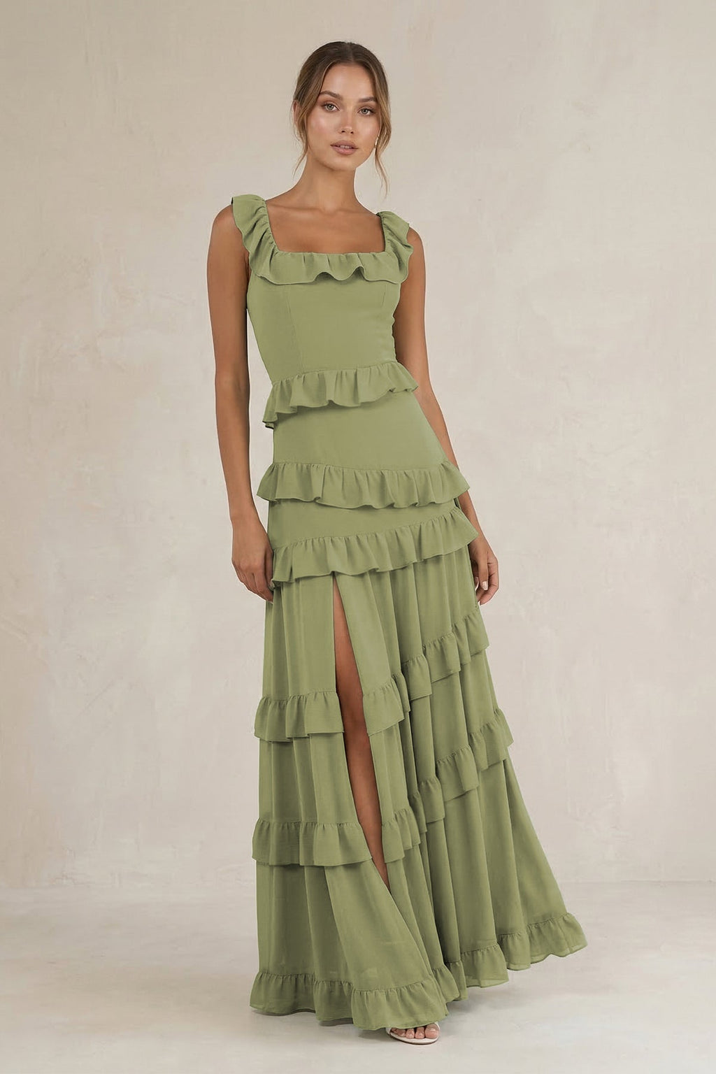 Tiered Square Neck Ruffled A-Line Bridesmaid Dress in Moss Green - Curvevia