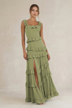 Tiered Square Neck Ruffled A-Line Bridesmaid Dress in Moss Green - Curvevia