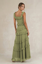 Tiered Square Neck Ruffled A-Line Bridesmaid Dress in Moss Green - Curvevia