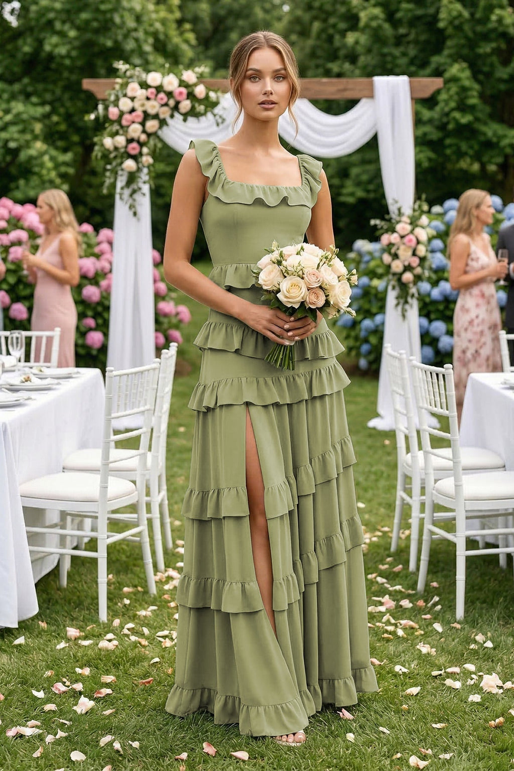Tiered Square Neck Ruffled A-Line Bridesmaid Dress in Moss Green - Curvevia