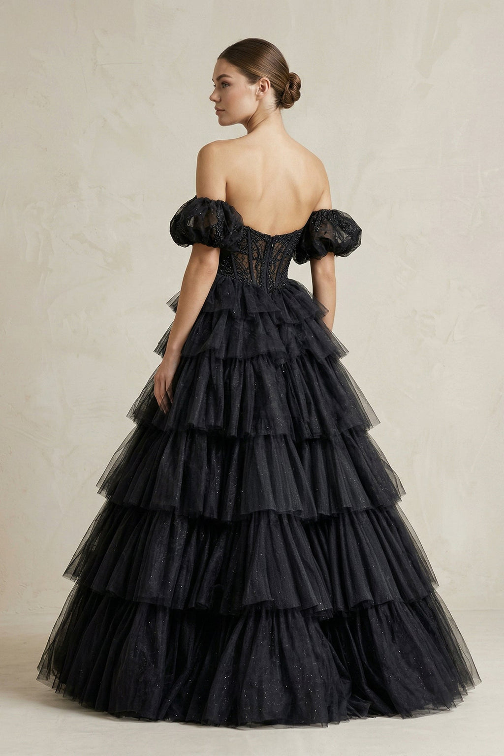 Tiered Tulle Off-the-Shoulder Ball-Gown Wedding Dress in Black - Curvevia