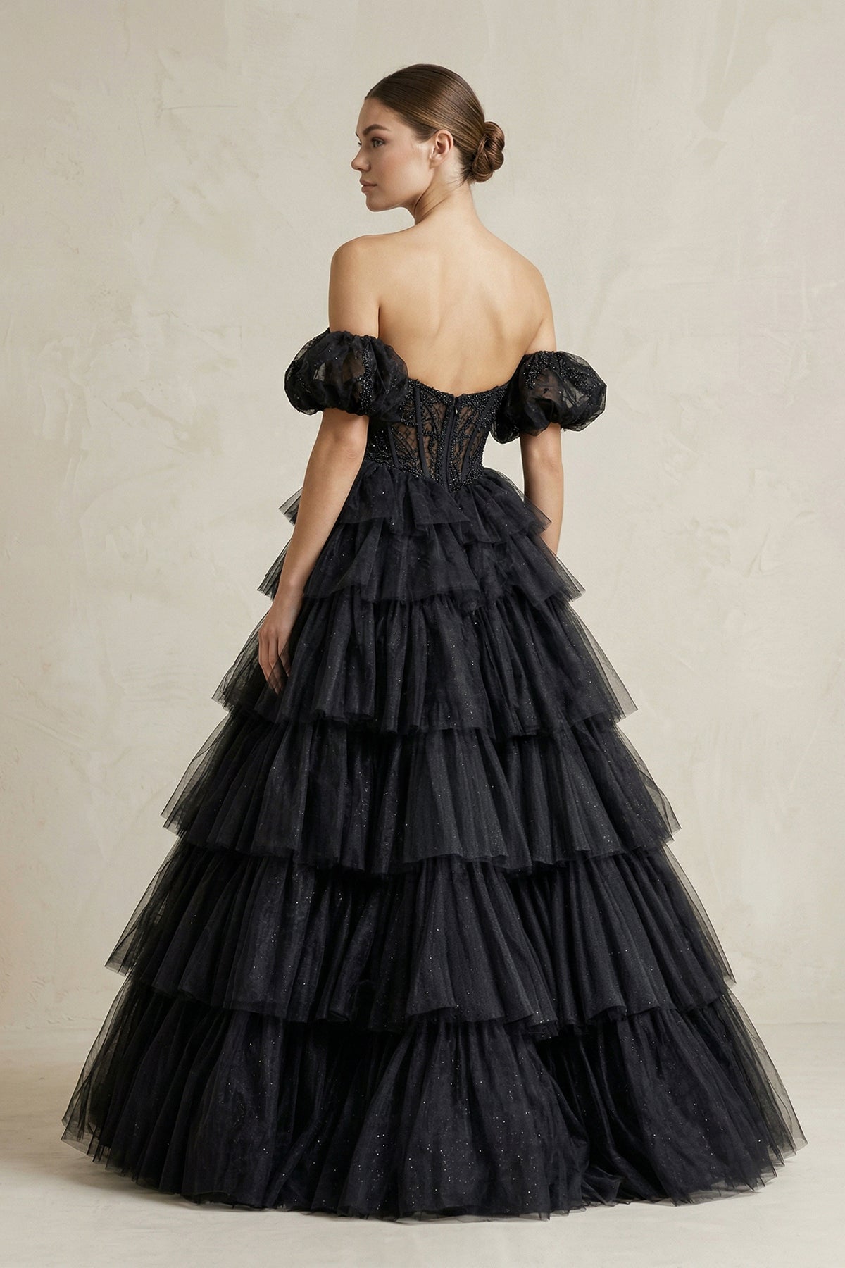 Tiered Tulle Off-the-Shoulder Ball-Gown Wedding Dress in Black - Curvevia