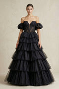 Tiered Tulle Off-the-Shoulder Ball-Gown Wedding Dress in Black - Curvevia