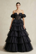 Tiered Tulle Off-the-Shoulder Ball-Gown Wedding Dress in Black - Curvevia