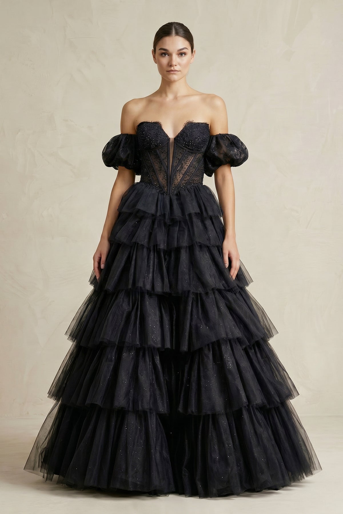 Tiered Tulle Off-the-Shoulder Ball-Gown Wedding Dress in Black - Curvevia