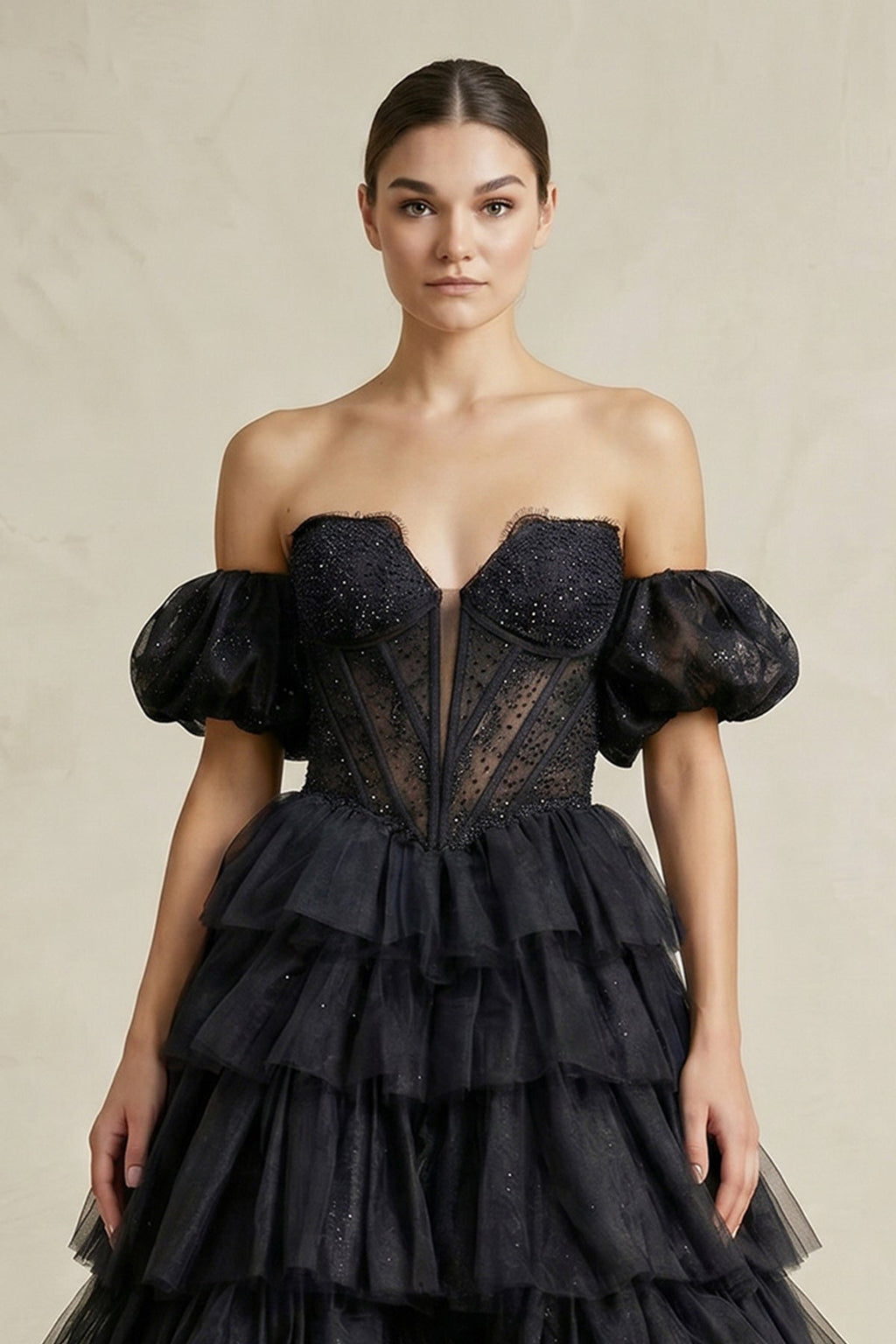 Tiered Tulle Off-the-Shoulder Ball-Gown Wedding Dress in Black - Curvevia