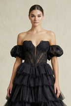 Tiered Tulle Off-the-Shoulder Ball-Gown Wedding Dress in Black - Curvevia
