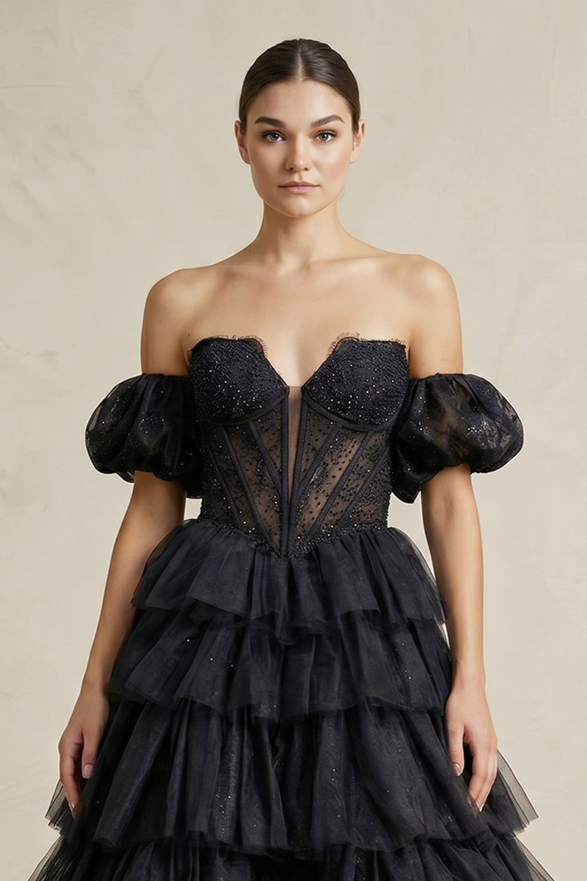 Tiered Tulle Off-the-Shoulder Ball-Gown Wedding Dress in Black - Curvevia