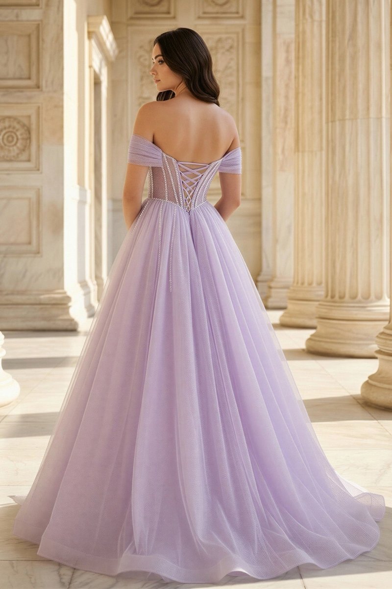Lavender Beaded A-Line Tulle Evening Dress with Off Shoulder - Curvevia