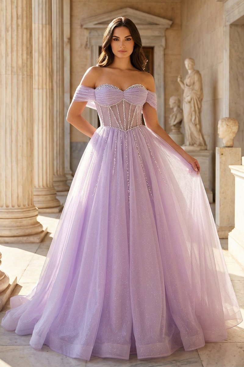Lavender Beaded A-Line Tulle Evening Dress with Off Shoulder - Curvevia