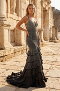 Black Spaghetti Straps Mermaid Long Prom Dress With Beading - Curvevia