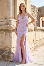 Mermaid Spaghetti Straps Lavender Lace Long Prom Dresses with Appliques - Curvevia