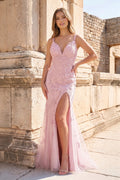 Mermaid Spaghetti Straps Lavender Lace Long Prom Dresses with Appliques - Curvevia