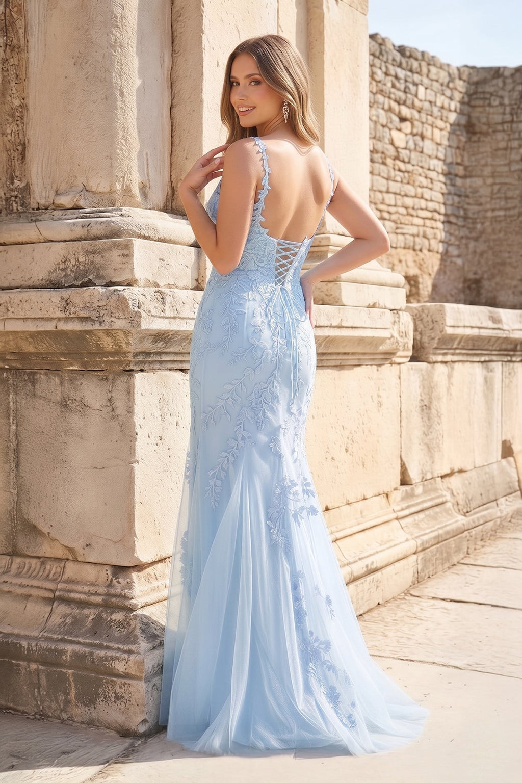 Mermaid Spaghetti Straps Lavender Lace Long Prom Dresses with Appliques - Curvevia