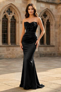 Mermaid Sweetheart Dark Green Satin Long Evening Dress with Bow - Curvevia