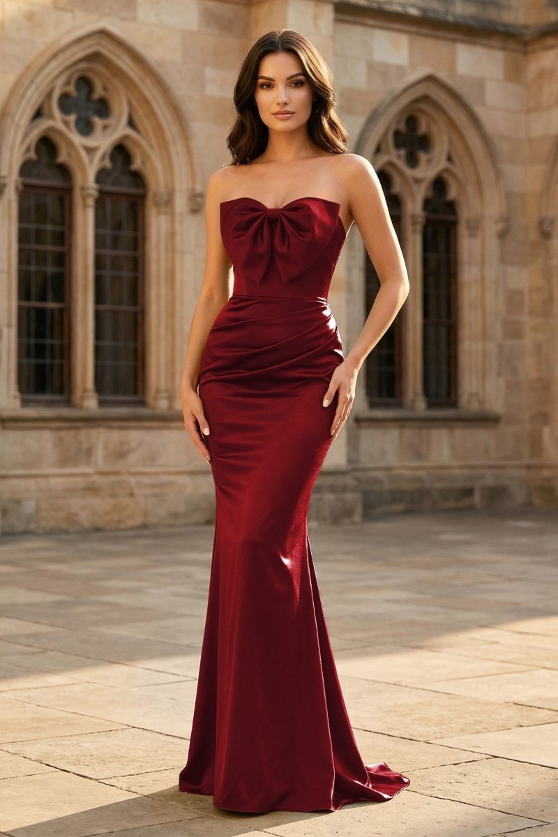 Mermaid Sweetheart Dark Green Satin Long Evening Dress with Bow - Curvevia