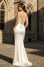 Mermaid Sweetheart Dark Green Satin Long Evening Dress with Bow - Curvevia