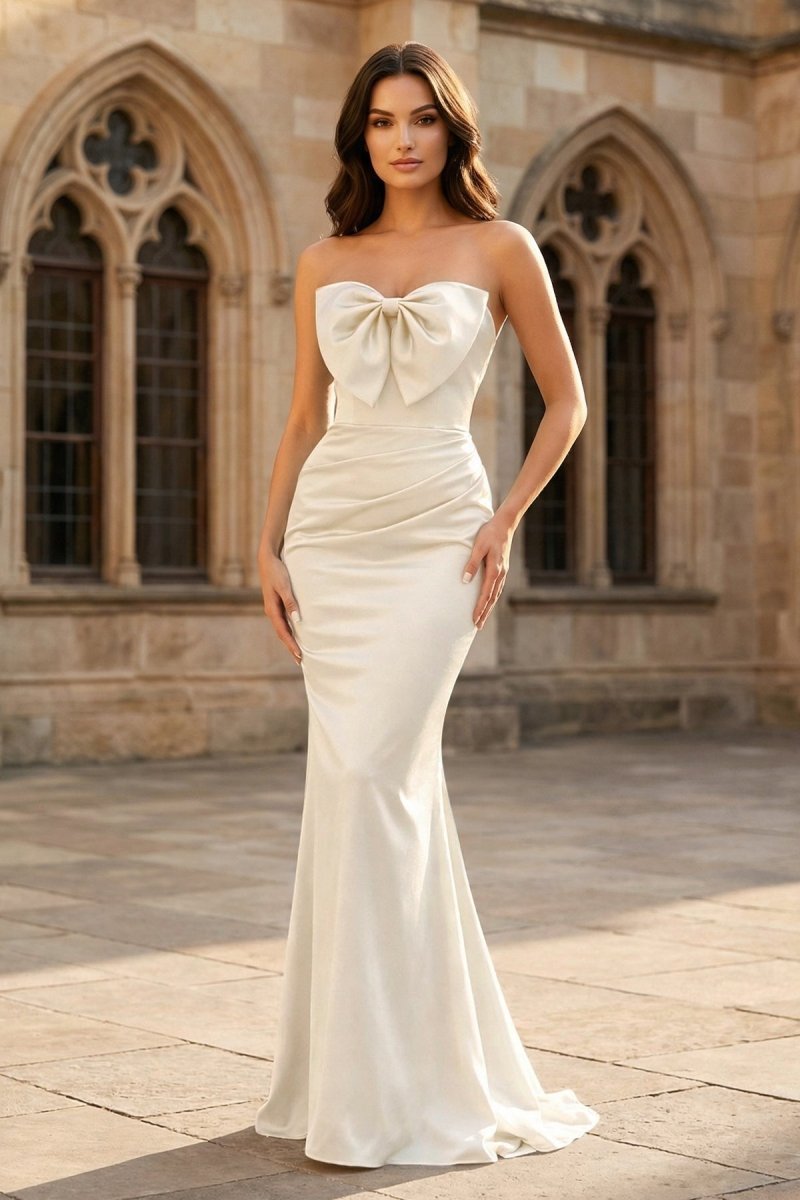 Mermaid Sweetheart Dark Green Satin Long Evening Dress with Bow - Curvevia