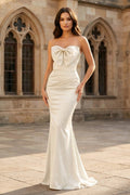 Mermaid Sweetheart Dark Green Satin Long Evening Dress with Bow - Curvevia