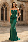 Mermaid Sweetheart Dark Green Satin Long Evening Dress with Bow - Curvevia