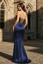 Mermaid Sweetheart Dark Green Satin Long Evening Dress with Bow - Curvevia