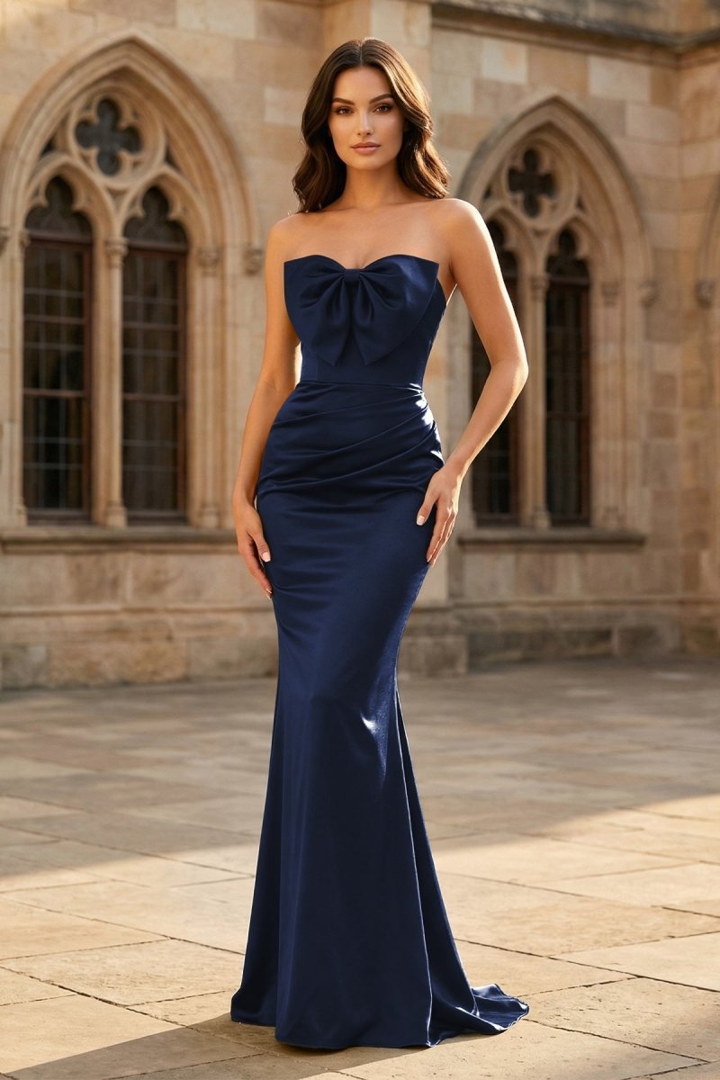 Mermaid Sweetheart Dark Green Satin Long Evening Dress with Bow - Curvevia