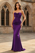 Mermaid Sweetheart Dark Green Satin Long Evening Dress with Bow - Curvevia